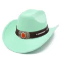 Mint green suede cowboy hat for adults, wide brim western style hat with vintage metal buckle. - Light Green