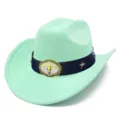 Western cowboy hat with suede texture, bull skull buckle, and star studs for fashion detail view - One Size / Light Green