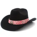 Elegante cappello da cowboy occidentale con fascia a motivi rosa e fibbia in metallo vintage per tutti. - Taglia unica / Nero