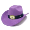Close-up of purple suede western cowboy hat featuring metallic bull skull buckle detail. - One Size / Purple