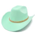 Mint green suede cowboy hat with braided band, stylish Western fedora for fashion. - One Size / Light Green