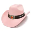 Pink suede western cowboy hat with decorative metallic buckle and classic wide brim design. - Light Pink