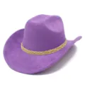 Purple suede western cowboy hat with braided decorative band, detailed texture view. - One Size / Purple