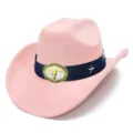 Pink suede western cowboy hat detail shot with bull skull buckle and star studs accessory. - One Size / Light Pink