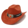 Detailed view of the red suede cowboy hat featuring a decorative metal buckle band. - Caramel color