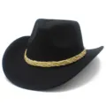 Close-up detail view of the stylish black western cowboy hat with braided gold band. - One Size / Black