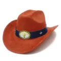 Classic suede western cowboy hat with cow skull buckle and metal star studs for men women. - One Size / Caramel color
