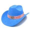 Detailed view of the blue bohemian fedora hat with pink patterned band and metal buckle. - One Size / Blue