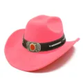 Pink suede western cowboy hat with ornate decorative buckle wide brim jazz sun hat for adults - Deep Pink