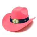 Pink suede western cowboy hat with bull skull buckle and star studs for men and women. - One Size / Deep Pink