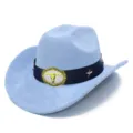 Detailed view of light blue suede western cowboy hat with metal bull skull buckle and stars. - One Size / Light Blue