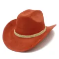 Orange suede cowboy hat with braided band, western style wide brim fashion jazz cap - One Size / Caramel color