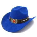 Blue suede western cowboy hat for adults, wide brim jazz cap with retro metal buckle detail. - Sapphire Blue