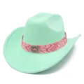 Close-up of the mint green felt cowboy hat featuring a pink boho patterned band and metal buckle. - One Size / Light Green