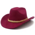 Burgundy western cowboy hat with braided hatband, wide rolled brim faux suede jazz dress hat. - One Size / Burgundy