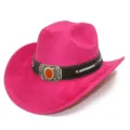 Detailed view of pink suede western cowboy hat, wide brim jazz hat, casual sun protection item. - Rose Red