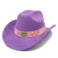 Purple western cowboy hat detail, pink woven band with vintage metal buckle accent. - One Size / Purple