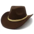 Brown western cowboy hat with braided beige gold band, wide brim adult outdoor jazz sun hat. - One Size / Coffee