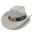 High quality grey suede western cowboy hat with brown leather buckle band, detail view. - Gray