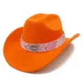 Orange western cowboy hat with pink bohemian band and metal buckle for women and men. - One Size / Orange