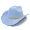 Light blue faux suede cowboy hat detail showing soft texture and woven band trim. - One Size / Light Blue
