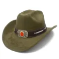 Detailed view of olive green suede western cowboy hat with brown band and metal buckle for sun. - Army Green