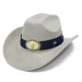 Grey suede western cowboy hat detail showing dark blue band with golden bull skull buckle. - One Size / Gray