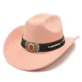 Pink suede western cowboy hat with brown leather band and vintage metal buckle for adults. - Pink