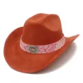 Boho western cowboy hat for men and women, vintage wide brim fedora with pink decorative band. - One Size / Caramel color