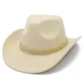 Close-up detail of the wide brim beige western cowboy hat with a braided gold band. - One Size / Beige