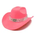 Pink western cowboy hat stylish wide brim jazz hat vintage bohemian style felt hat for women - One Size / Deep Pink