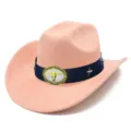 Pink faux suede cowboy hat detail featuring bull skull buckle and star studs western style. - One Size / Pink