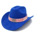 Blue western cowboy hat for women men, bohemian style jazz hat with pink band and metal buckle. - One Size / Sapphire Blue