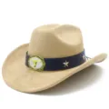 Suede western cowboy hat with metal bull skull buckle and star studs for men and women. - One Size / Camel
