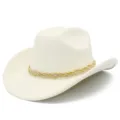 Detailed view of white suede cowboy hat with braided rope trim, stylish curved brim design. - One Size / Beige