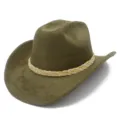 Detailed view of the olive green suede cowboy hat featuring a braided decorative band close up. - One Size / Army Green