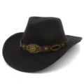 Vista dettagliata del cappello da cowboy jazz nero con fascia di pelle marrone e testa di toro. - Taglia unica / Nero