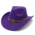 Detailed view of the purple wool cowboy hat featuring a brown studded band with bull head emblem. - One Size / Purple