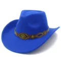 Blue wool fedora cowboy hat with brown leather band and metal bull head stud accessories stylish - One Size / Sapphire Blue