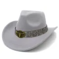 Gray retro western cowboy hat with metal bull skull buckle and vintage pattern band for unisex - Cowboy Top Hat / Gray