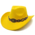 Yellow western cowboy hat with bull head metal badge and leather band for stylish men women. - One Size / Yellow