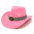 Pink western cowboy hat detail, featuring silver patterned band and vintage bull head metal badge. - Cowboy Top Hat / Rose Red