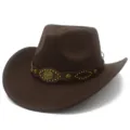 Brown western cowboy hat with metal bull head leather band, stylish retro jazz cap for men women - One Size / Coffee