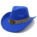 Blue western cowboy hat close up, vintage bull head buckle and patterned belt detail view. - Cowboy Top Hat / Sapphire Blue