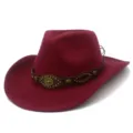 Detail shot of burgundy cowboy hat featuring brass studs and bull head emblem on brown leather band. - One Size / Burgundy