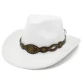 White cowboy hat fedora jazz hat with brown leather band and bull head metal decor detail - One Size / White