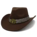 Brown western cowboy hat retro fedora with metallic bull head buckle and ethnic style band. - Cowboy Top Hat / Coffee