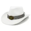 Western vintage white cowboy hat with bull head buckle and stylish ethnic band for fashion. - Cowboy Top Hat / White