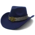 Close-up detail of dark blue western felt cowboy hat with vintage bull head buckle and embossed band. - Cowboy Top Hat / Dark Blue