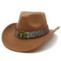 Brown vintage wool felt cowboy hat with metallic bull skull buckle and tribal pattern band. - Cowboy Top Hat / Khaki